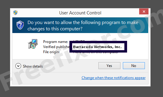 Screenshot where Barracuda Networks, Inc. appears as the verified publisher in the UAC dialog